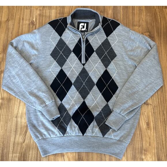 FootJoy 100% Wool Sweater Men L Gray Black Argyle Lined 1/4 Zip Pullover Golf - Picture 1 of 5